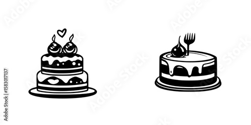 Black icon illustrations of two decorative cakes featuring toppings and unique designs for culinary themes