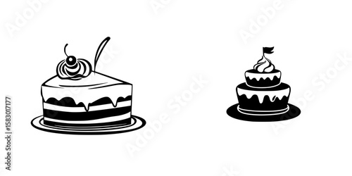 Black icon of cake slice with cherry and layered cake design on simple white background