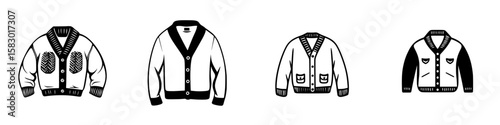 Stylish black icon illustrations of various cardigans showcasing unique designs and details in a minimalistic format