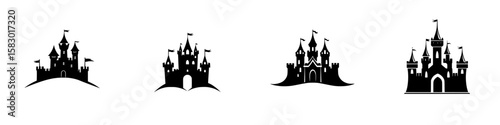 Black castle icons representing different designs for fantasy themes and creative projects in a minimalist style