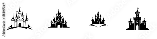 Various black castle icons featuring towers, flags, and gates arranged in a row on a plain background