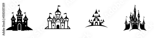 Black castle icons featuring different designs suitable for various graphic applications in a minimalist style