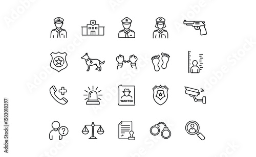 Collection of Police and Crime Themed Line Icons.