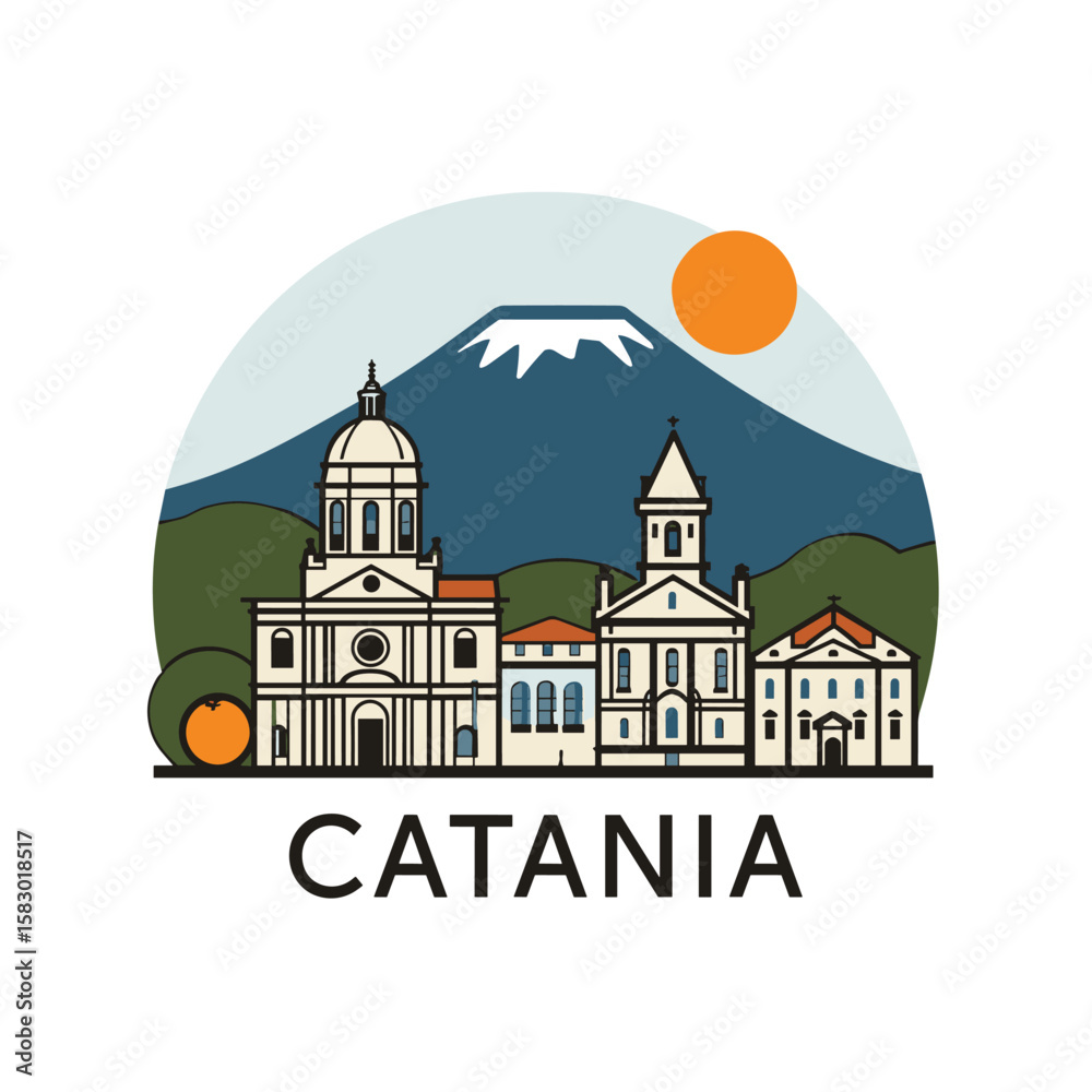 Obraz premium Colorful vector skyline of Catania with Mount Etna, baroque architecture and orange trees. Sicilian city illustration with sun and hills
