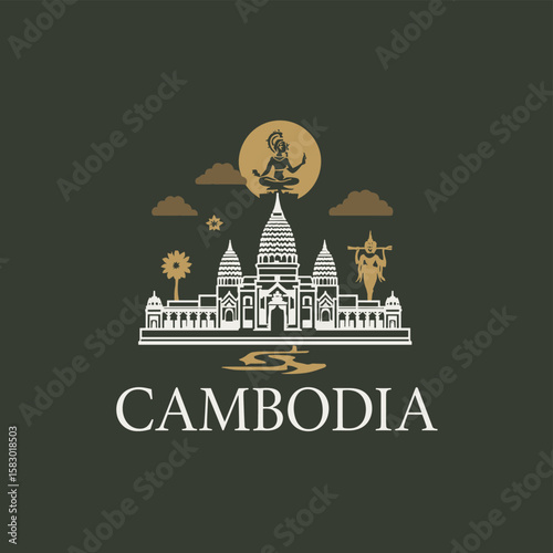 Vector illustration of Cambodia with Angkor Wat, gods, sun and sacred motifs. Elegant flat design on dark background.