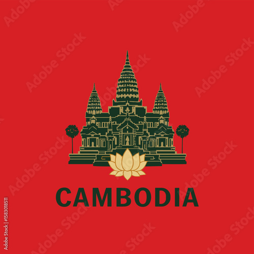 Vector illustration of Angkor Wat temple in Cambodia with golden lotus. Cultural landmark on red background in flat iconic style