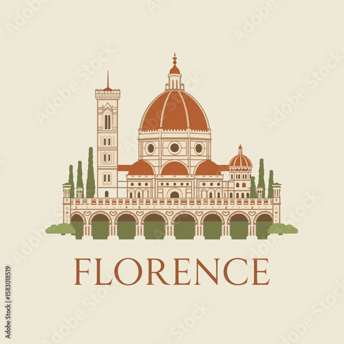 Vector illustration of Florence cathedral with detailed dome, tower and arches. Elegant Tuscan cityscape in flat classic style