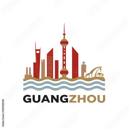 Modern vector skyline of Guangzhou with iconic red towers, wave pattern and bold typography. Chinese city identity in flat graphic style