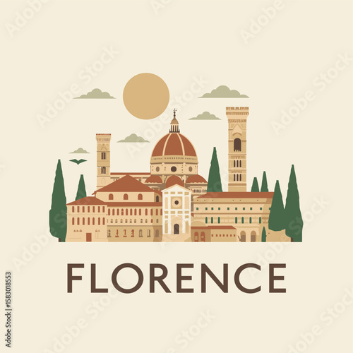 Vector illustration of Florence skyline with Duomo, historic towers and cypress trees. Italian cityscape in warm tones and elegant flat style