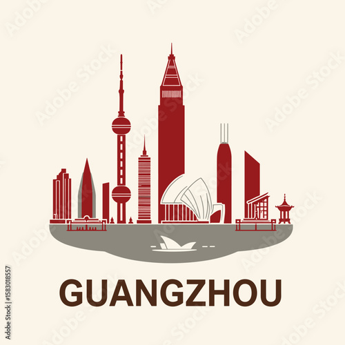 Vector illustration of Guangzhou skyline with iconic buildings, towers and river in flat modern style. Chinese cityscape for travel and tourism themes