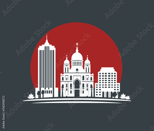 Vector skyline of Bucharest with orthodox cathedral and modern buildings in flat style. Eastern European cityscape with bold red sun and urban silhouettes