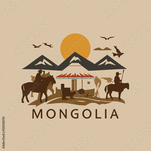 Flat vector illustration of Mongolia with horse riders, yurt, mountains and wildlife. Traditional nomadic culture and nature