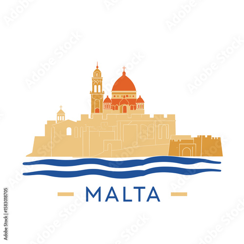 Vector illustration of Malta with dome, towers, old fortification and sea waves. Mediterranean island skyline in flat style