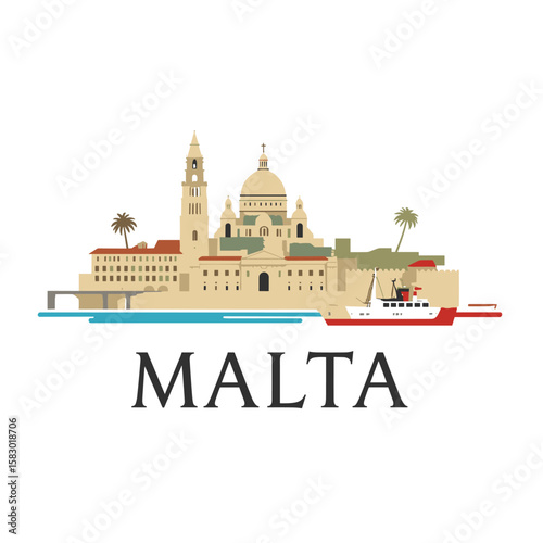 Colorful vector illustration of Malta with historic dome, coastal buildings, tower and boat. Mediterranean island travel scene