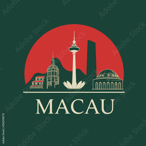 Vector illustration of Macau skyline with tower, lotus, temples and red sun. Chinese cultural destination in flat style