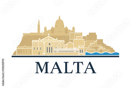 Minimal vector illustration of Malta with cathedral dome, city buildings and sea. European island destination in flat architectural style