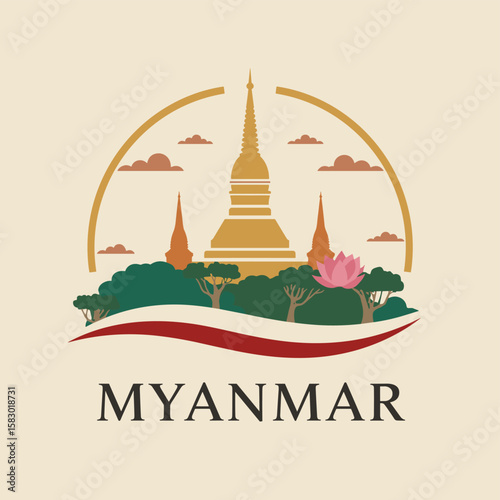 Peaceful vector illustration of Myanmar with golden pagodas, lotus flower, trees and clouds. Spiritual travel scene in soft flat style
