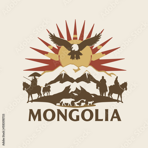 Bold vector illustration of Mongolia with eagle, sun, horse riders, mountains and yurt. Traditional nomadic culture and nature in graphic style