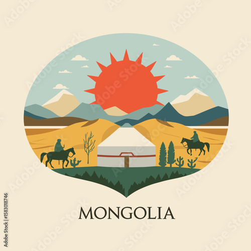 Scenic vector illustration of Mongolia with yurts, red sun, horse riders and mountains. Traditional nomadic lifestyle in flat vintage style