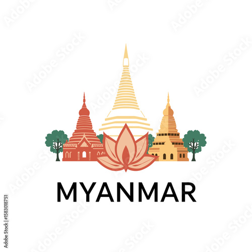 Modern vector skyline of Myanmar with golden temples, lotus flower, and trees. Peaceful travel illustration with cultural symbolism