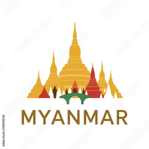 Vector illustration of Myanmar with golden pagodas, monks, and silhouettes. Asian travel and culture concept in flat design