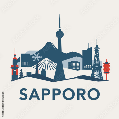 Vector skyline of Sapporo with towers, snow cable car, buildings, and mountains. Japanese city in flat modern style with winter travel concept