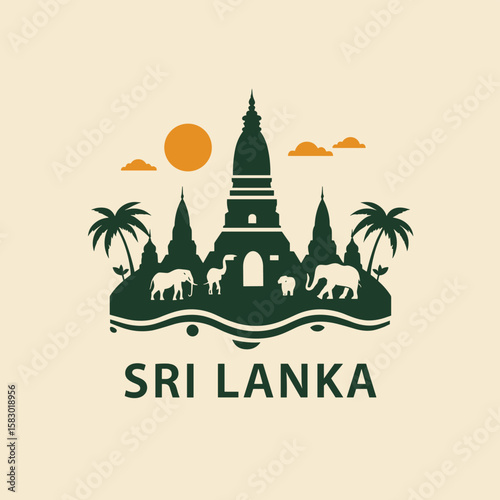 Flat vector of Sri Lanka with temples, elephants, palm trees and sun, representing nature, spirituality and culture