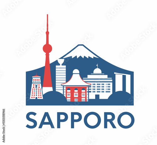 Colorful vector illustration of Sapporo with Mount Fuji, towers, temples and city buildings. Travel and culture skyline concept