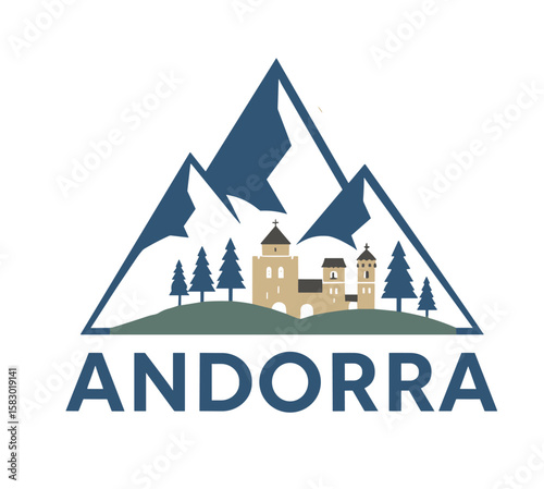 Vector of Andorra with snow-capped mountains, medieval castle, pine forest and village nestled in the valley