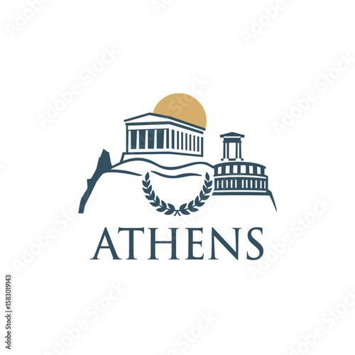 Vector of Athens with Greek temples on a hill, laurel wreaths and a rising sun, evoking classical heritage