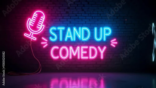 Stand up comedy show neon lights background for comedians and entertainment night life club