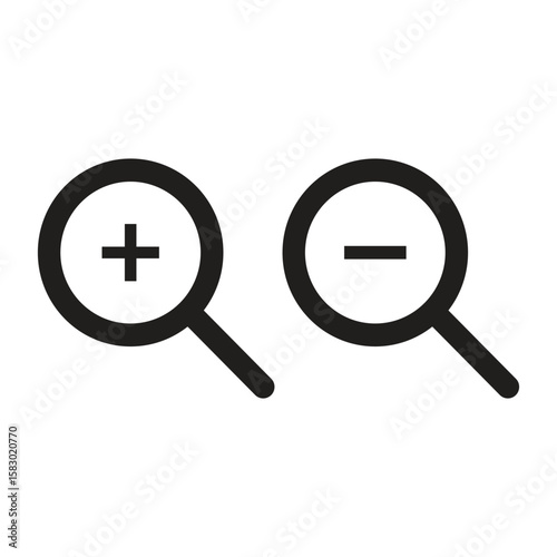 Zoom In and zoom out magnifying glass icon vector, simple magnifier with plus and minus signs, magnification controls