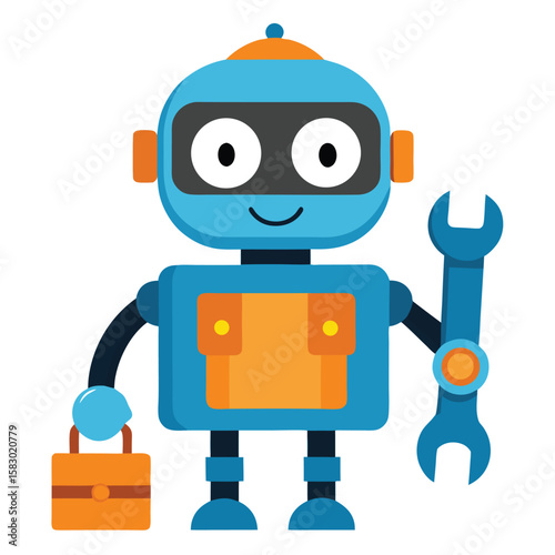 Friendly blue robot character holding a toolbox and a wrench