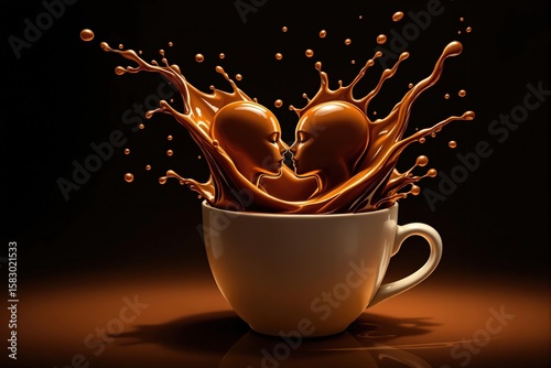 Artistic representation of two human-like figures formed from coffee liquid splashing out of a white cup, suggesting connection or love.