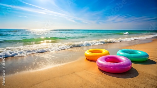 Wallpaper Mural Colorful inflatable swim rings resting on a sandy beach with ocean waves and bright sun Torontodigital.ca
