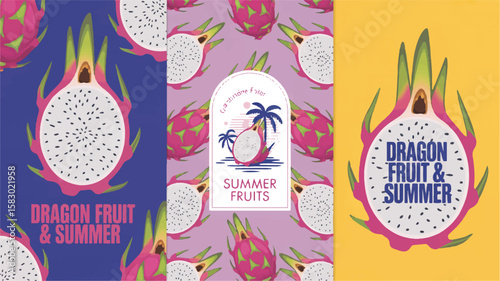 Vibrant dragon fruit summer illustrations pitaya tropical fruit