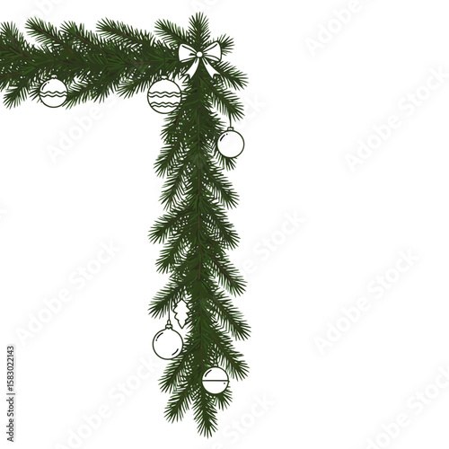 Christmas border with pine branches and ornaments on a white background