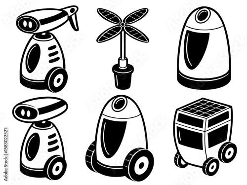 Collection of stylized robots and futuristic technology icons in black and white