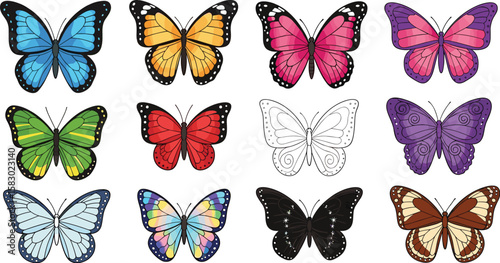 Collection of colorful butterflies displayed on white background. Nature, illustration, design, creativity, drawing, diversity