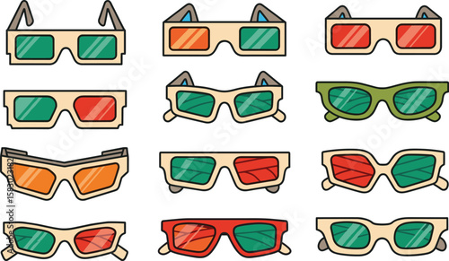 Retro eyewear arrangement on a blue background. Vintage eyeglasses, fashion, eyewear, style, glasses, retro, 3d glasses