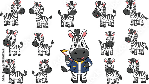 Collection of cartoon zebras in various poses. Animal characters, cute illustration, wildlife, fun, black and white