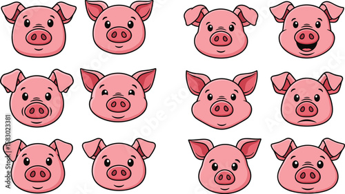 Cartoon pig faces show different expressions. Variety of emotions, pig character, animal illustration, cute