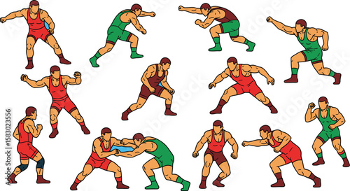 Wrestlers engage in various fighting stances and moves. Wrestling positions, combat sports, competition and fitness