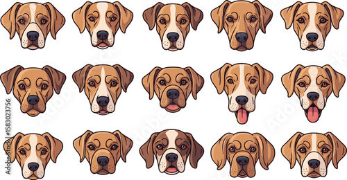 Collection of dog breed cartoon faces, isolated on white. Canine portraits, pedigree drawing, animal illustration, pet art.