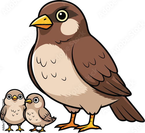 Mother sparrow stands with two chicks. Bird family, wildlife, avian protection, animal care.