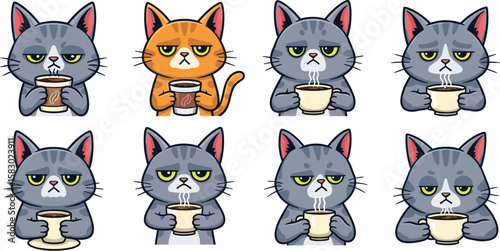 Grumpy cartoon cats hold steaming cups of coffee. Morning mood, cute animals, funny expressions, caffeine addiction.
