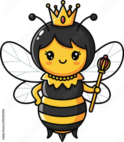 Cartoon bee wearing a crown holds a scepter. Cute character, queen bee, illustration, happy