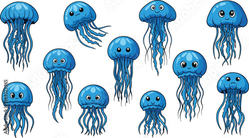 Group of cute blue cartoon jellyfish float in the ocean. Sea creatures, marine life, underwater, aquatic, oceanography, animal.