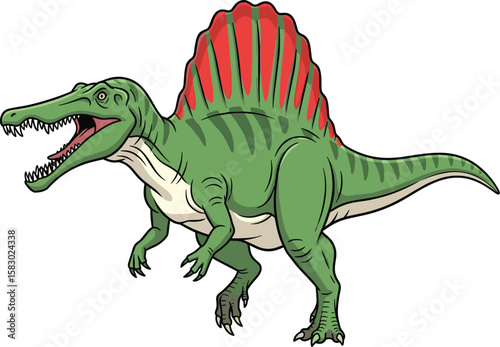 Spinosaurus stands ready to attack. Prehistoric predator, dinosaur illustration, wildlife.