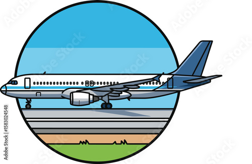 Airplane prepares to take off on runway. Commercial aviation, flight, travel, transportation, airfield.